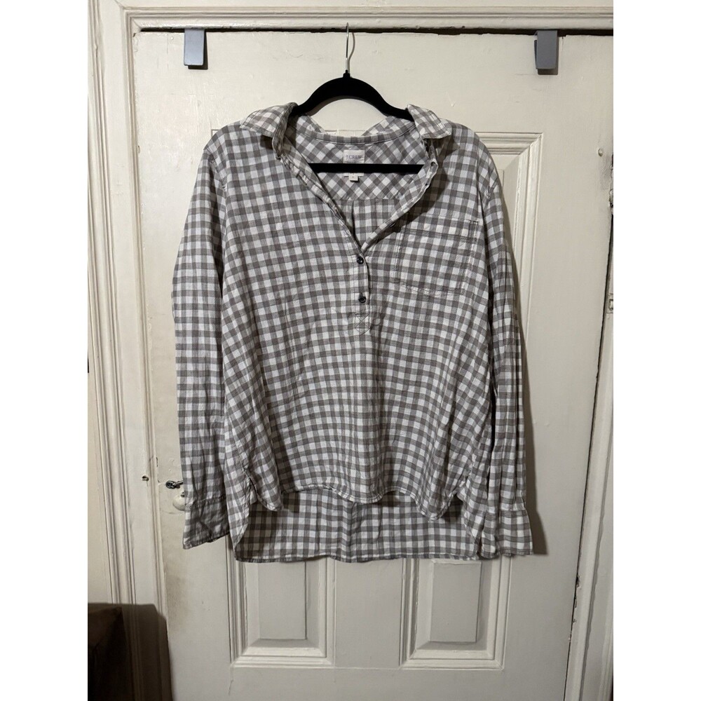 J.Crew Boy Fit Gray White Gingham Cotton Button Popover Shirt XL